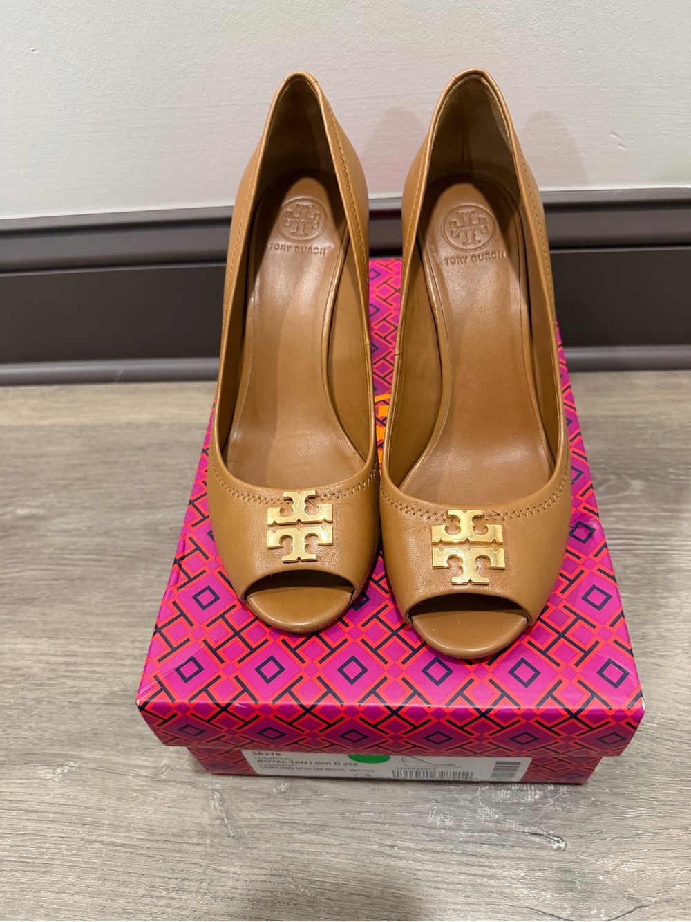 Tory Burch Tan Leather Peep-Toe Pumps with Gold Logo
